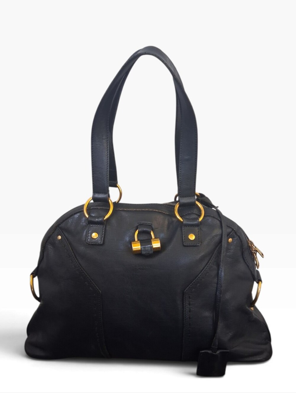 Auth Yves Saint Laurent YSL Black Leather Muse Satchel Tote Bag Gold Hardware